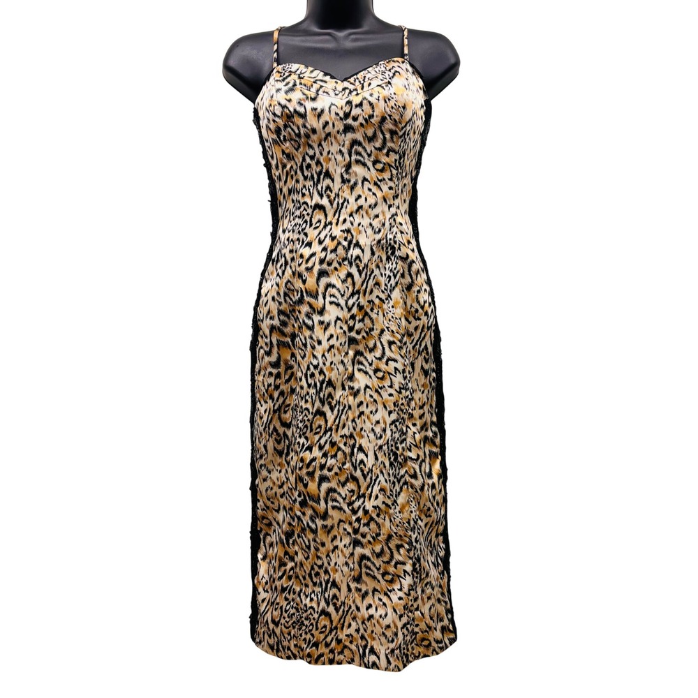 Dolce Jovani Y2K Leopard Print Lace Sequin Midi Slip Dress Gold Black Size 4